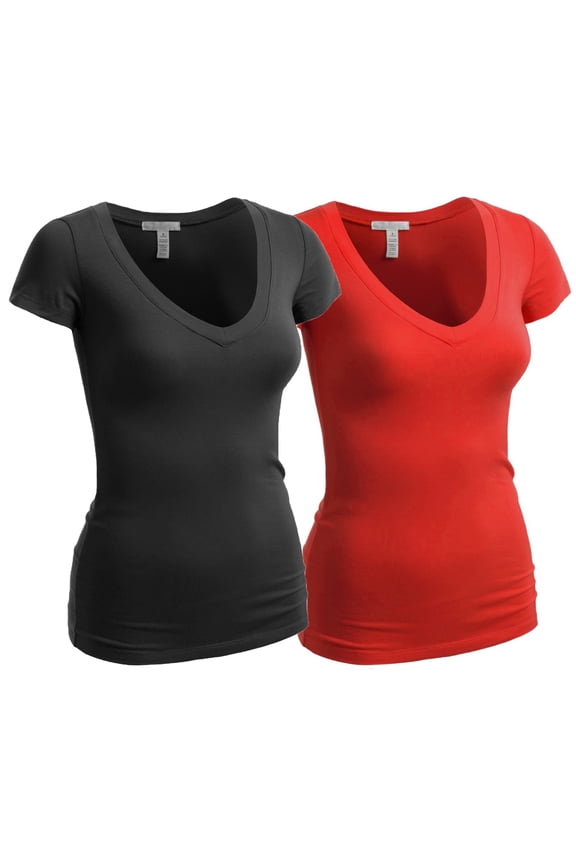 Women's Plain Short Sleeve V Neck T Shirts - 2Pk - Blk, Red, S