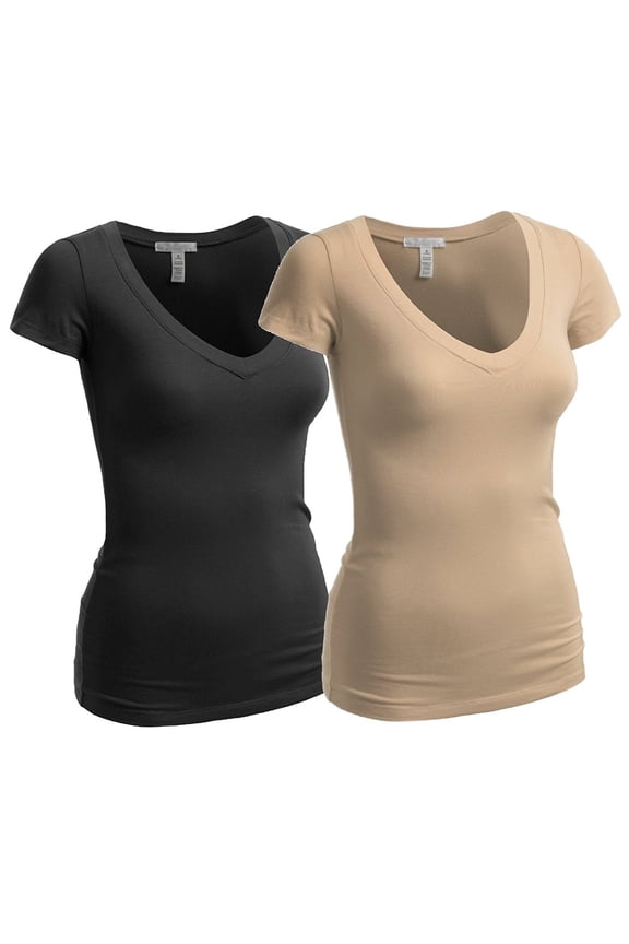Women's Plain Short Sleeve V Neck T Shirts - 2Pk - Blk, Taupe, 2XL