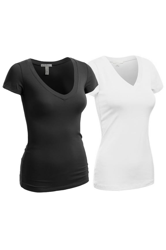 Women's Plain Short Sleeve V Neck T Shirts - 2Pk - Blk, Wht, 1XL