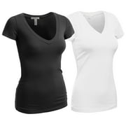 ESSENTIAL BASIC Women's Plain Short Sleeve V Neck T Shirts - 2Pk - Blk, Wht, L