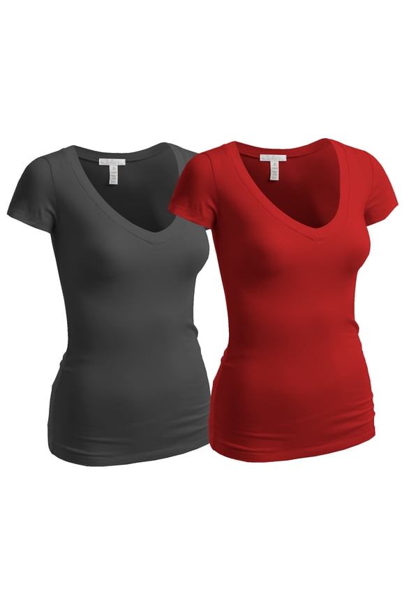 Women's Plain Short Sleeve V Neck T Shirts - 2Pk - Chrc, Red, L