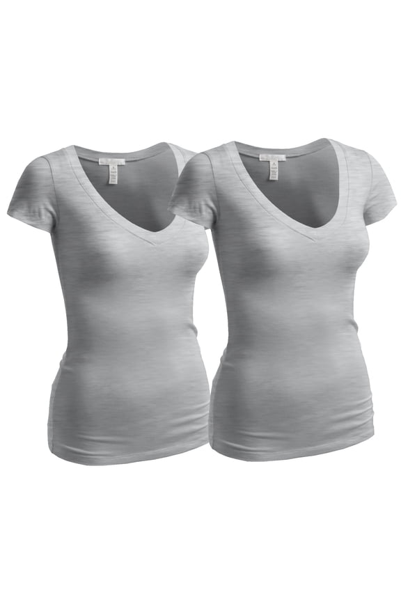 Women's Plain Short Sleeve V Neck T Shirts - 2Pk - H Gray, H Gray, 1XL