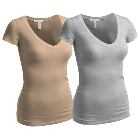 Essential Basic Women's Plain Short Sleeve V Neck T Shirts - 2Pk - Khaki, H Gray, 2XL
