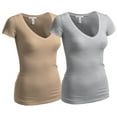 thumbnail image 1 of Essential Basic Women's Plain Short Sleeve V Neck T Shirts - 2Pk - Khaki, H Gray, 3XL, 1 of 3
