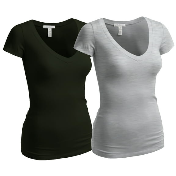 Essential Basic Women's Plain Short Sleeve V Neck T Shirts - 2Pk - Olive, H Gray, S