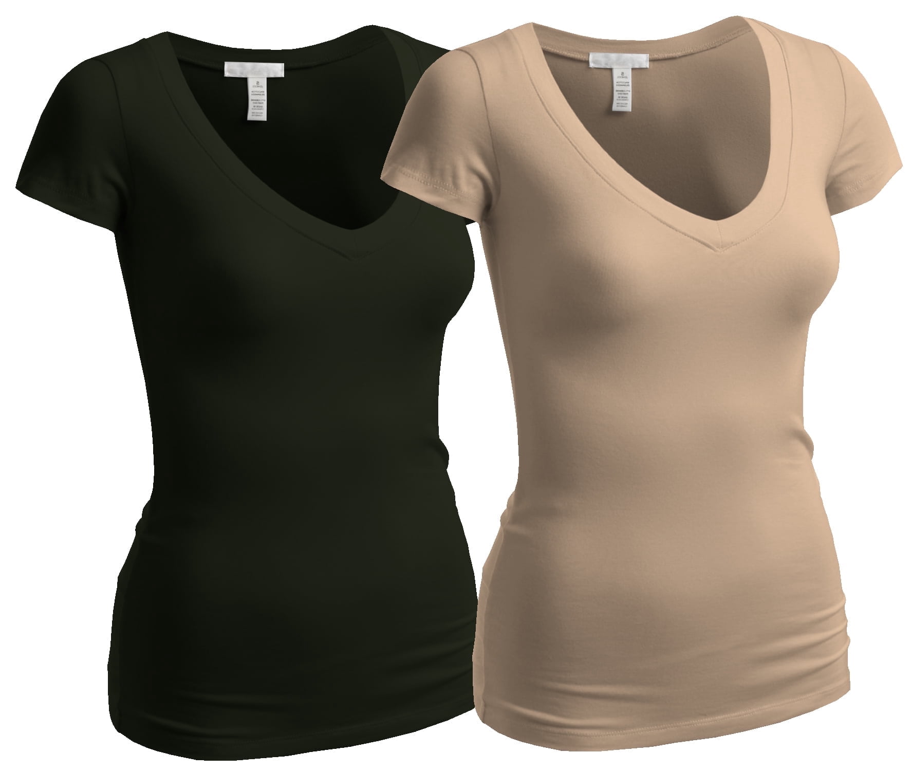 Emmalise Women's V-Neck Short Sleeve T-Shirt 2-Pack - Lightweight Cotton Spandex Tee, Slim Fit, For Junior & Plus Sizes