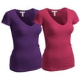 thumbnail image 1 of Essential Basic Women's Plain Short Sleeve V Neck T Shirts - 2Pk - Purple, Fuschia, 1XL, 1 of 3