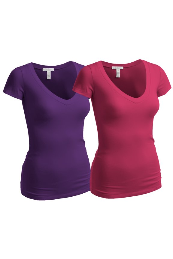 Women's Plain Short Sleeve V Neck T Shirts - 2Pk - Purple, Fuschia, 1XL