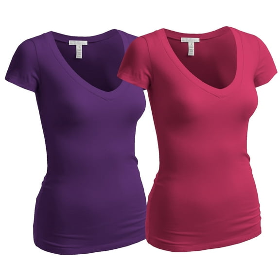 Essential Basic Women's Plain Short Sleeve V Neck T Shirts - 2Pk - Purple, Fuschia, 2XL