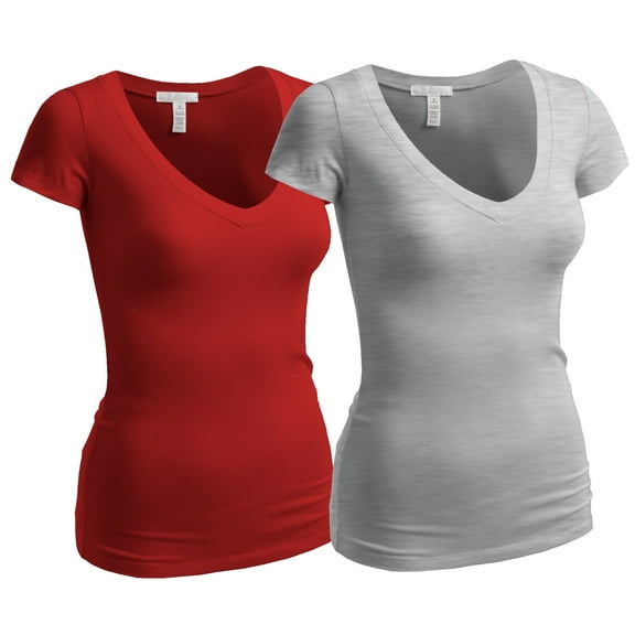 Essential Basic Women's Plain Short Sleeve V Neck T Shirts - 2Pk - Red, H Gray, 1XL