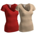 thumbnail image 1 of Essential Basic Women's Plain Short Sleeve V Neck T Shirts - 2Pk - Red, Khaki, 3XL, 1 of 3