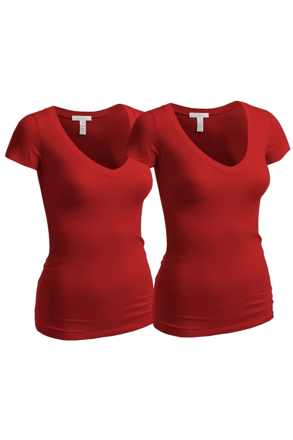Women's Plain Short Sleeve V Neck T Shirts - 2Pk - Red, Red, 2XL