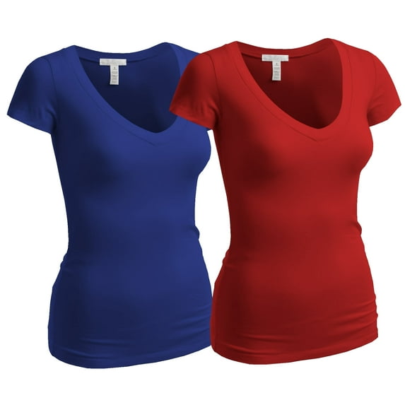 Essential Basic Women's Plain Short Sleeve V Neck T Shirts - 2Pk - Red, Royal, 2XL
