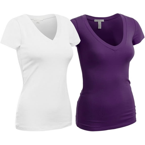 Essential Basic Women's Plain Short Sleeve V Neck T Shirts - 2Pk - Wht, Purple, 2XL