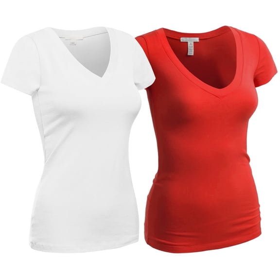 Essential Basic Women's Plain Short Sleeve V Neck T Shirts - 2Pk - Wht, Red, 3XL