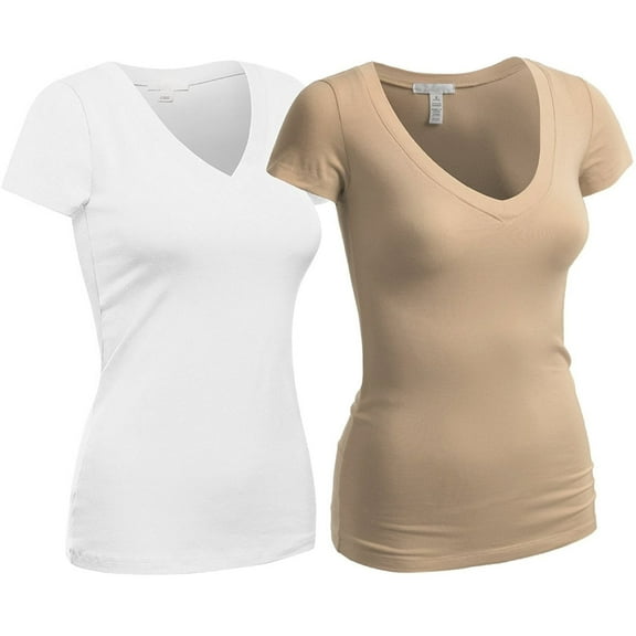 Essential Basic Women's Plain Short Sleeve V Neck T Shirts - 2Pk - Wht, Taupe, 2XL