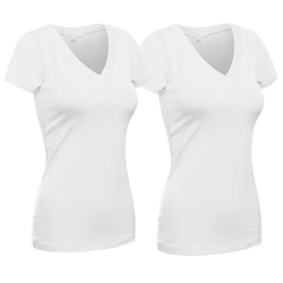 Essential Basic Women's Plain Short Sleeve V Neck T Shirts - 2Pk - Wht, Wht, 1XL