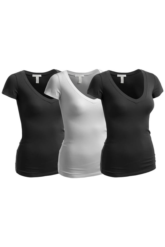Women's Plain Short Sleeve V Neck T Shirts - 3Pk - 2 Blk, 1 Wht, 2XL