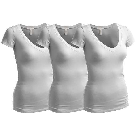 Essential Basic Women's Plain Short Sleeve V Neck T Shirts - 3Pk - 3 Wht, 1XL