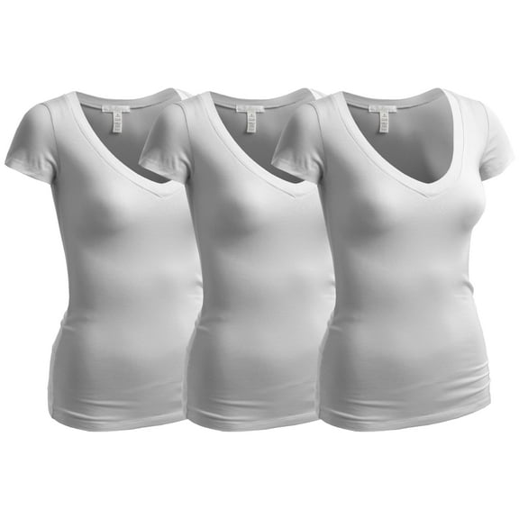 Essential Basic Women's Plain Short Sleeve V Neck T Shirts - 3Pk - 3 Wht, 2XL