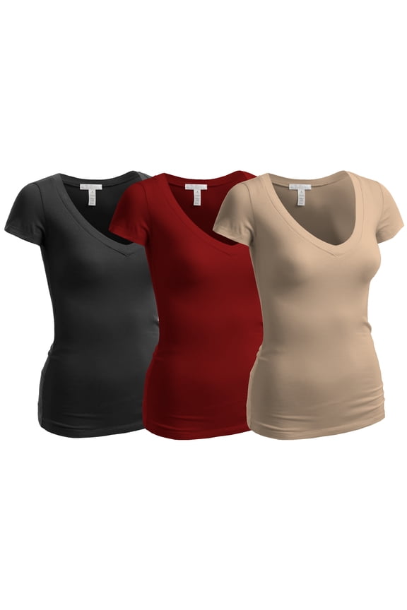 Women's Plain Short Sleeve V Neck T Shirts - 3Pk - Blk, Khaki, Dk Red, L