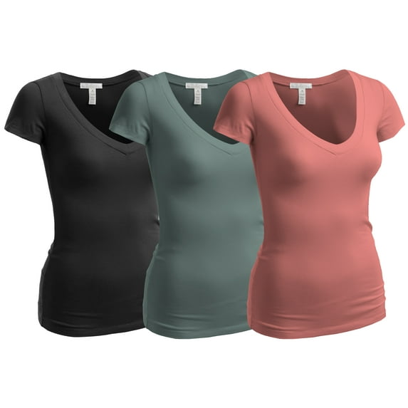 Essential Basic Women's Plain Short Sleeve V Neck T Shirts - 3Pk - D Salmon, D Sage, Blk, S
