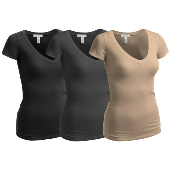 Essential Basic Women's Plain Short Sleeve V Neck T Shirts - 3Pk - Taupe, Chrc, Blk, 2XL