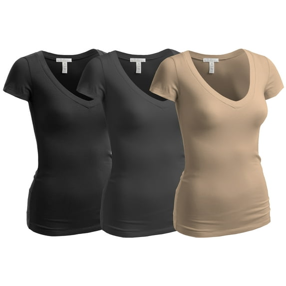 Essential Basic Women's Plain Short Sleeve V Neck T Shirts - 3Pk - Taupe, Chrc, Blk, L