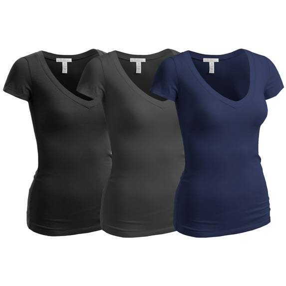 Essential Basic Women's Plain Short Sleeve V Neck T Shirts - 3Pk - True Navy, Chrc, Blk, 1XL