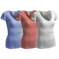thumbnail image 1 of Essential Basic Women's Plain Short Sleeve V Neck T Shirts - 3Pk - Wht, D Salmon, P Blue, L, 1 of 4