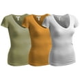 thumbnail image 1 of Essential Basic Women's Plain Short Sleeve V Neck T Shirts - 3Pk - Wht, G Mustard, L Olive, L, 1 of 4