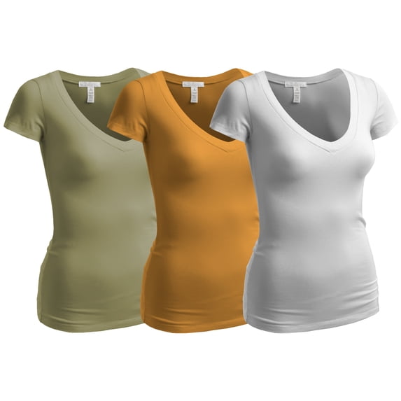 Essential Basic Women's Plain Short Sleeve V Neck T Shirts - 3Pk - Wht, G Mustard, L Olive, L