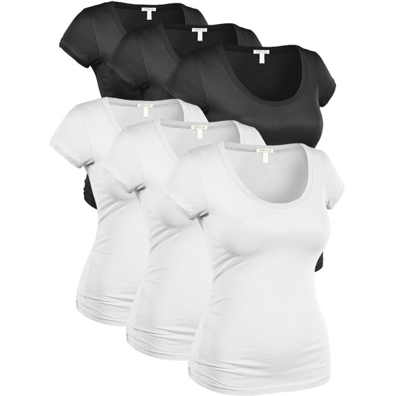 Essential Basic Women's Plus Classic Short Sleeve Scoop Neck 6 Pack Tshirts, 3Black,3White, 3XL