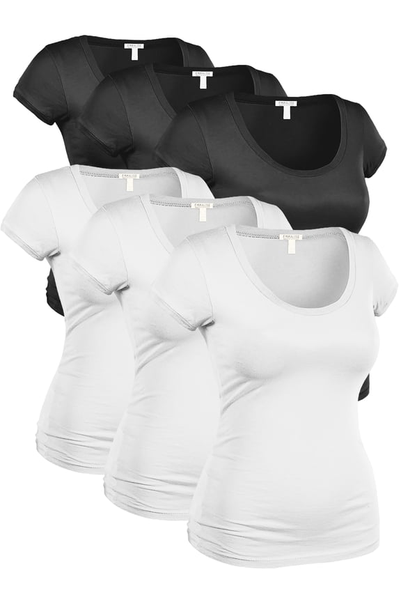 Women's Plus Classic Short Sleeve Scoop Neck 6 Pack Tshirts, 3Black,3White, 3XL