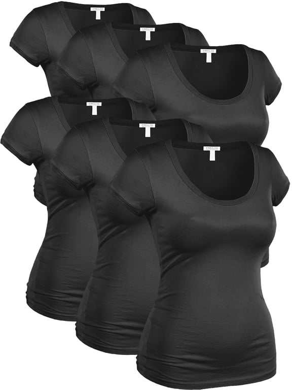 Women's Plus Classic Short Sleeve Scoop Neck 6 Pack Tshirts, Black, 3XL