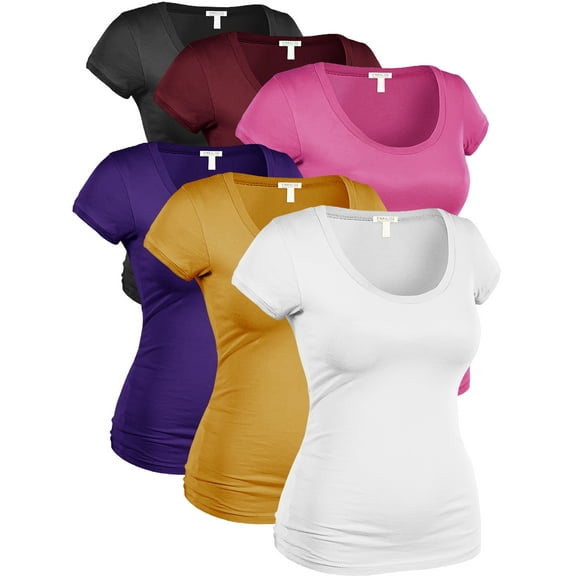 Essential Basic Women's Plus Classic Short Sleeve Scoop Neck 6 Pack Tshirts, Blk Burg Fuch Pur Must Wht , 2XL
