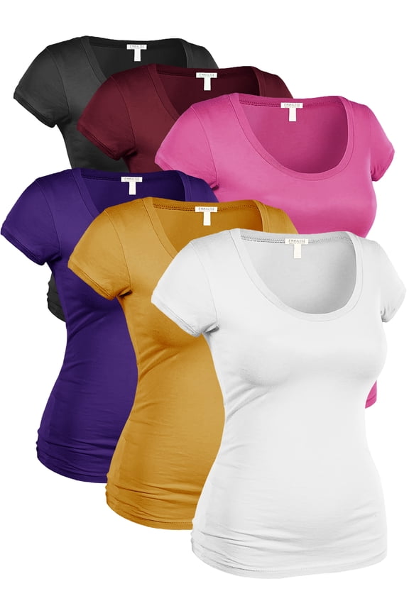 Women's Plus Classic Short Sleeve Scoop Neck 6 Pack Tshirts, Blk Burg Fuch Pur Must Wht , XL