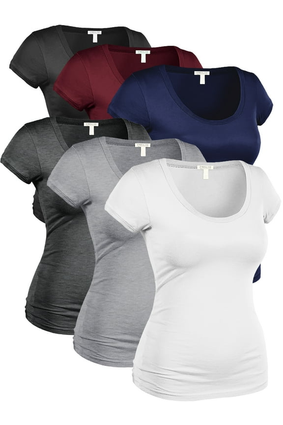 Women's Plus Classic Short Sleeve Scoop Neck 6 Pack Tshirts, Blk Burg Nvy HChar HGry Wht, 2XL