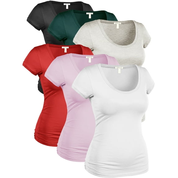 Essential Basic Women's Plus Classic Short Sleeve Scoop Neck 6 Pack Tshirts, Blk D.Jngl Oat Red Pale Pink Wht, 3XL