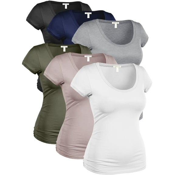 Essential Basic Women's Plus Classic Short Sleeve Scoop Neck 6 Pack Tshirts, Blk Nav HGry Olv CocTaupe Wht, 2XL