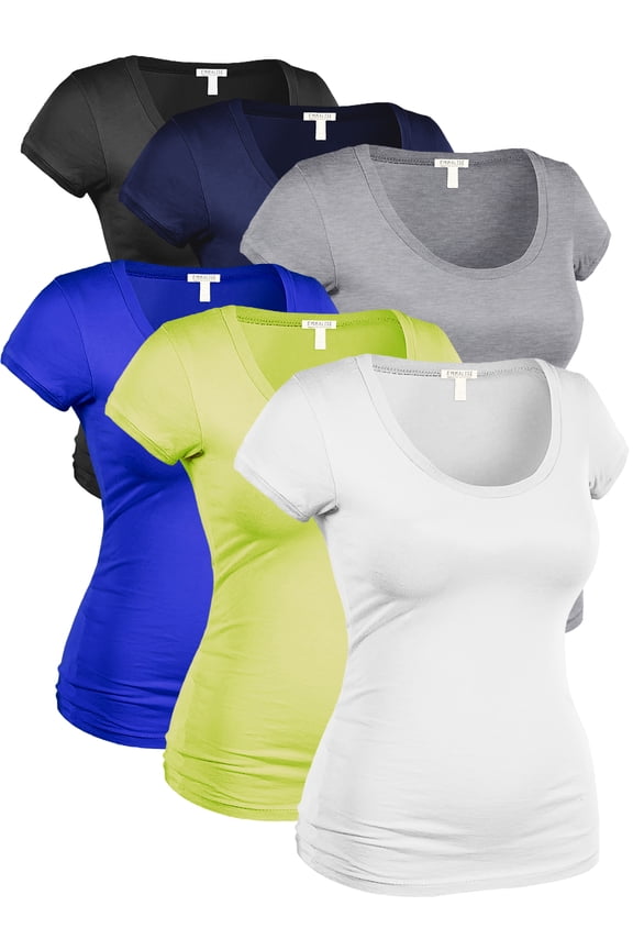 Women's Plus Classic Short Sleeve Scoop Neck 6 Pack Tshirts, Blk Nav HGry Royl Lime Wht, 2XL