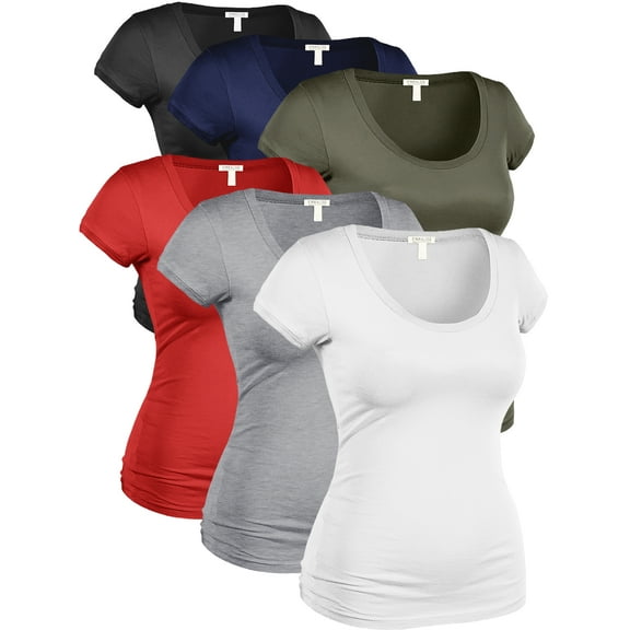 Essential Basic Women's Plus Classic Short Sleeve Scoop Neck 6 Pack Tshirts, Blk Nav Olv Red HGry Wht, 2XL