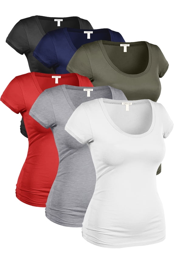 Women's Plus Classic Short Sleeve Scoop Neck 6 Pack Tshirts, Blk Nav Olv Red HGry Wht, XL