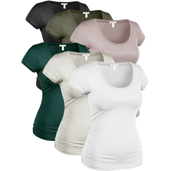 Essential Basic Women's Plus Classic Short Sleeve Scoop Neck 6 Pack Tshirts, Blk Olv CocTaupe D.Jngl Oat Wht, 2XL