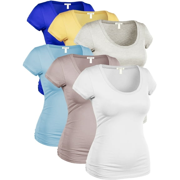 Essential Basic Women's Plus Classic Short Sleeve Scoop Neck 6 Pack Tshirts, Ryl LtYlw Oat AiryBlu CocTaupe Wht, XL