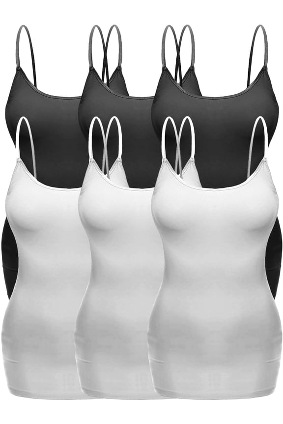 Women's Plus Size Casual Long Camisole Top with Adjustable Strap 6 Pack, 3Black 3White, 1XL