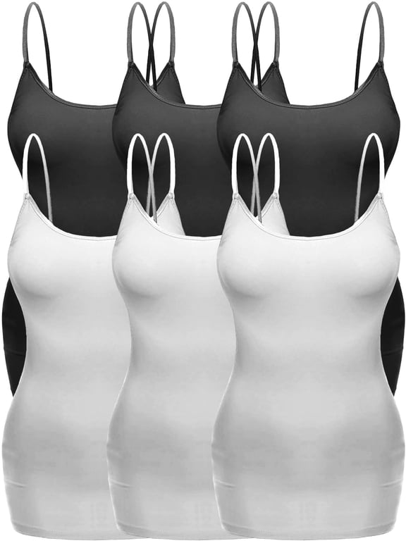 Women's Plus Size Casual Long Camisole Top with Adjustable Strap 6 Pack, 3Black 3White, 2XL