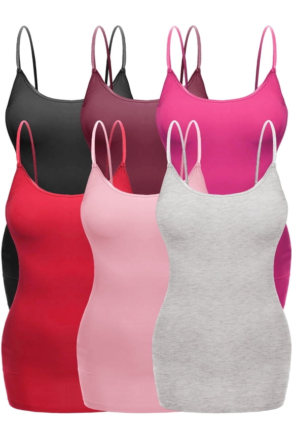 Women's Plus Size Casual Long Camisole Top with Adjustable Strap 6 Pack, Blk Burg Fuchsia Red LghtPink Oat, 1XL