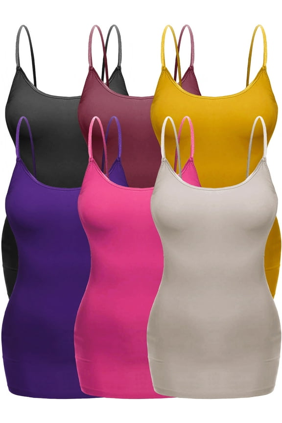 Women's Plus Size Casual Long Camisole Top with Adjustable Strap 6 Pack, Blk Burg Mustard Purple Fuchsia Khaki, 3XL
