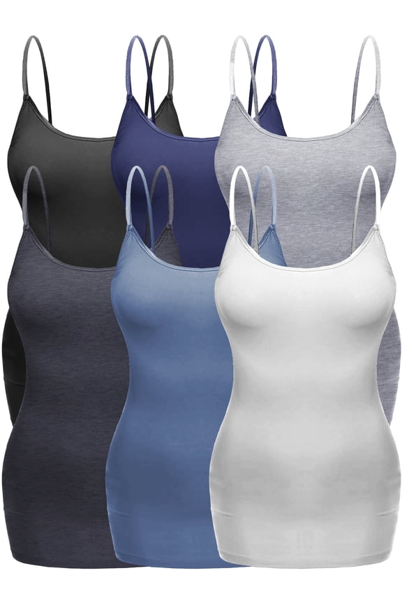 Women's Plus Size Casual Long Camisole Top with Adjustable Strap 6 Pack, Blk Hgry Navy HthCharc DeminBlue White, 3XL